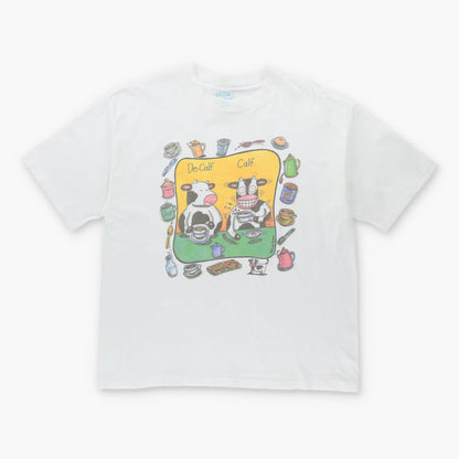 Vintage 90's 'De-Calf' Cow Coffee Humour USA Made White T-Shirt (XL)
