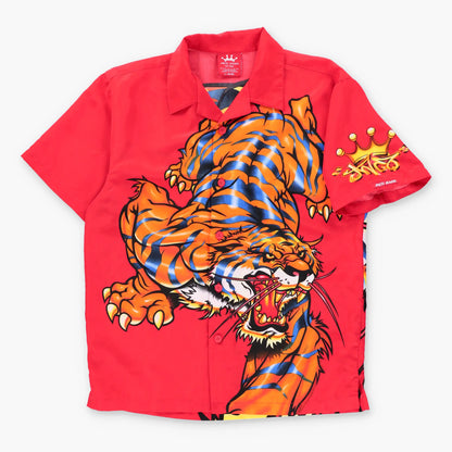 Vintage JNCO JEANS Tigers & Crown Logo Red Button Up Short Sleeve Shirt (L)