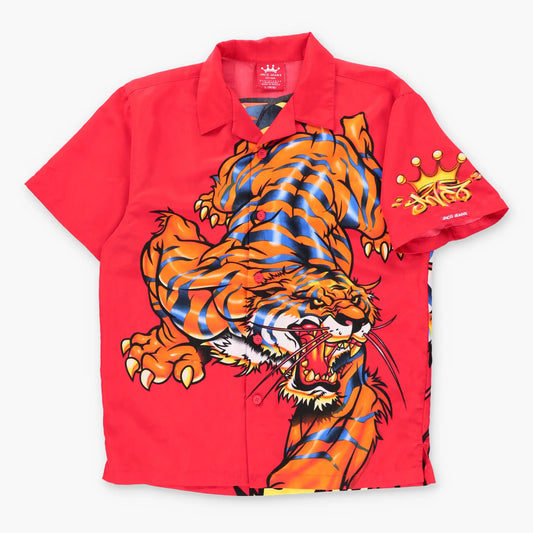 Vintage JNCO JEANS Tigers & Crown Logo Red Button Up Short Sleeve Shirt (L)