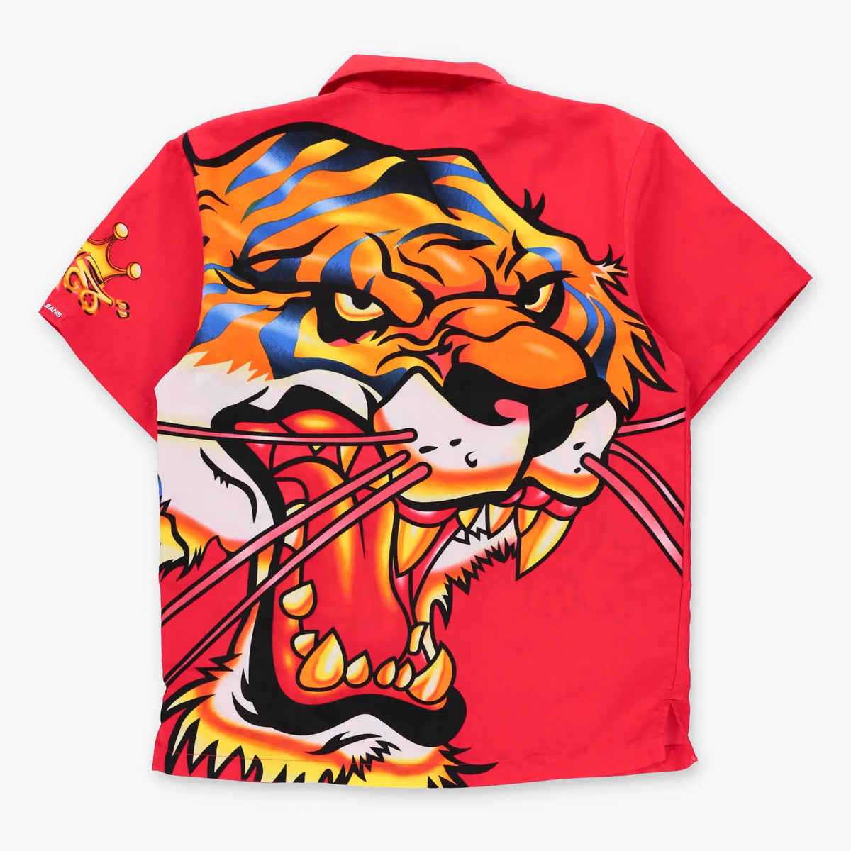 Vintage JNCO JEANS Tigers & Crown Logo Red Button Up Short Sleeve Shirt (L)