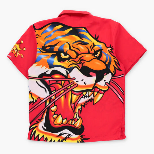 Vintage JNCO JEANS Tigers & Crown Logo Red Button Up Short Sleeve Shirt (L)