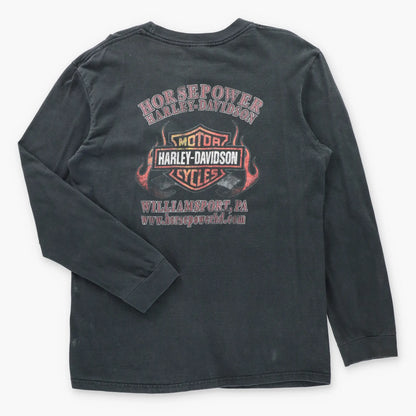 Vintage HARLEY DAVIDSON Horsepower Snarling Wolf & Motorcycles Front Pocket Long Sleeve Tee (L)