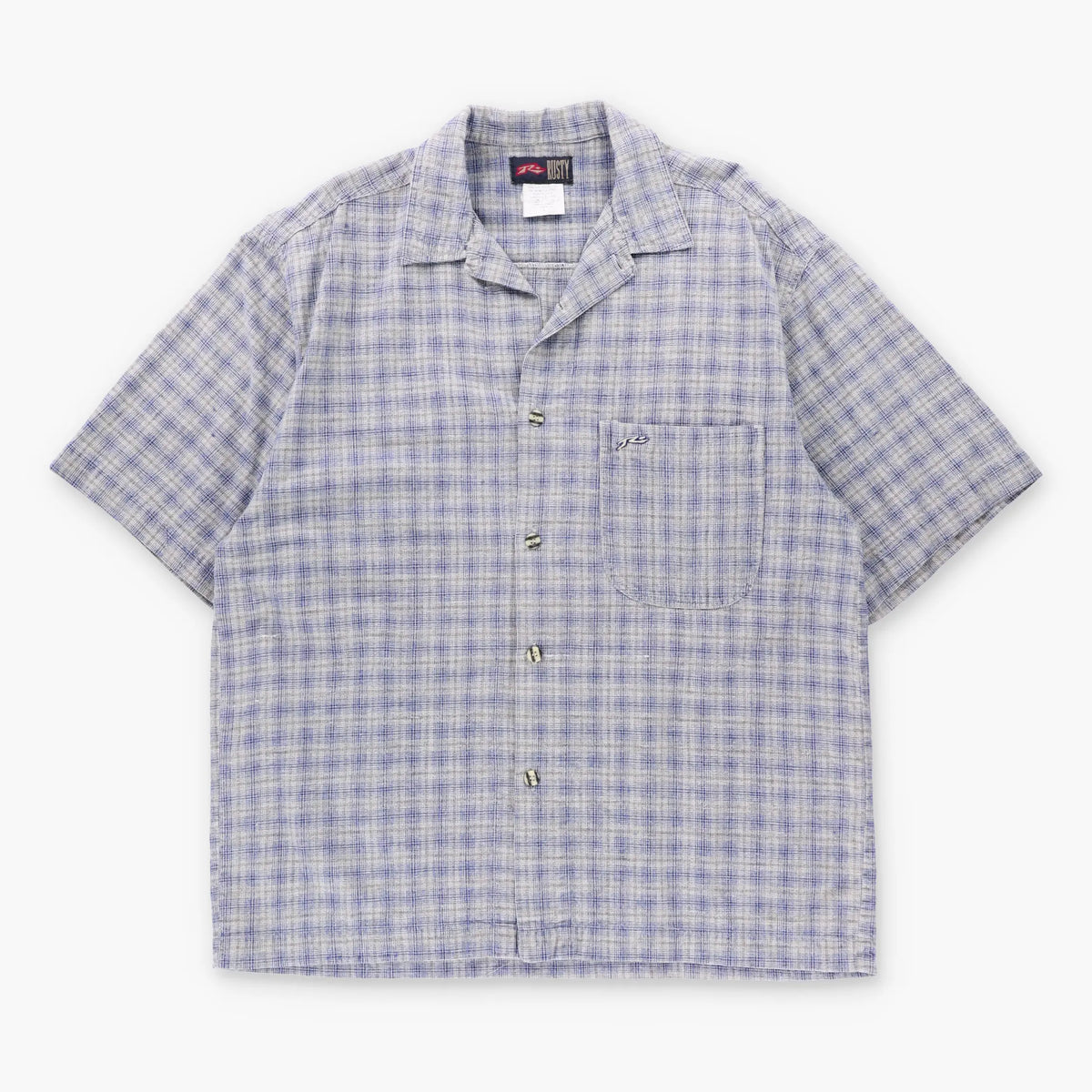 Vintage RUSTY Blue & Grey Plaid Short Sleeve Button Up Shirt (L-XL)