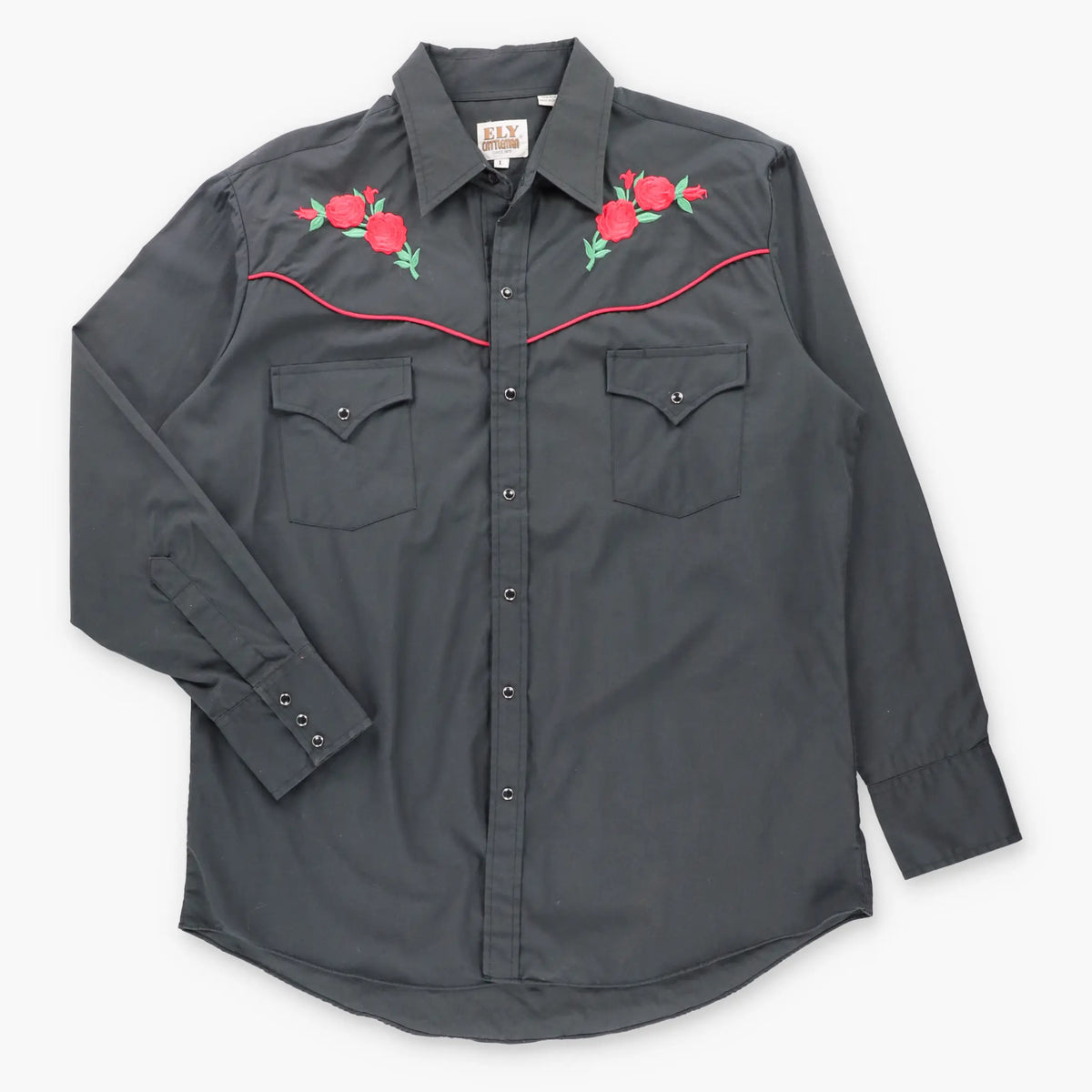 Vintage ELY CATTLEMAN Black & Red Embroidered Roses Snap Button Western Shirt (L)