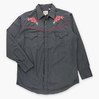 Vintage ELY CATTLEMAN Black & Red Embroidered Roses Snap Button Western Shirt (L)