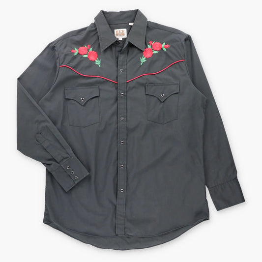 Vintage ELY CATTLEMAN Black & Red Embroidered Roses Snap Button Western Shirt (L)