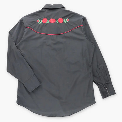 Vintage ELY CATTLEMAN Black & Red Embroidered Roses Snap Button Western Shirt (L)