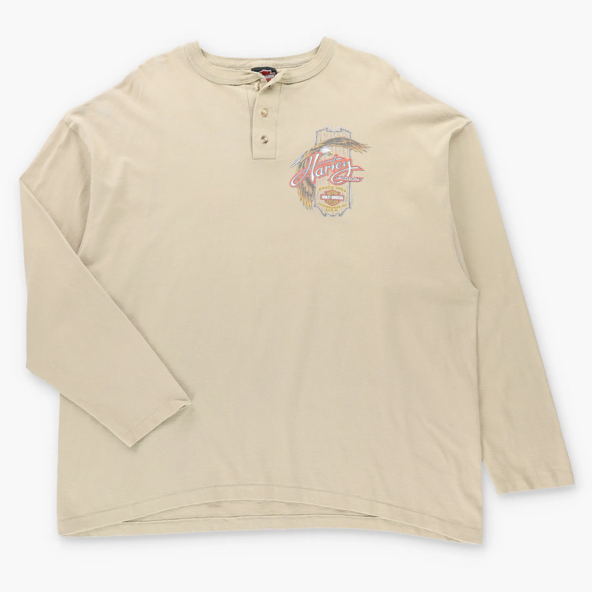 Vintage HARLEY DAVIDSON Latrobe Pennsylvania Beige 1/4 Button Long Sleeve T-Shirt USA Made (XXL)
