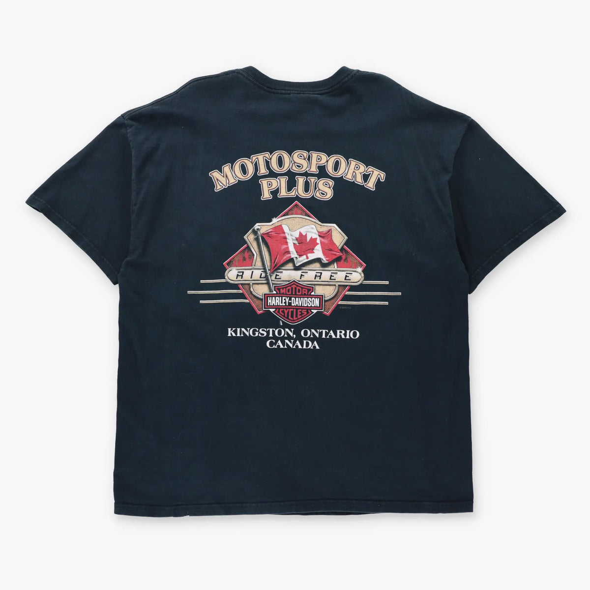 HARLEY DAVIDSON Motosport Plus "Ride Free" Ontario Canada Vintage Black T-Shirt Canada Made (XL)