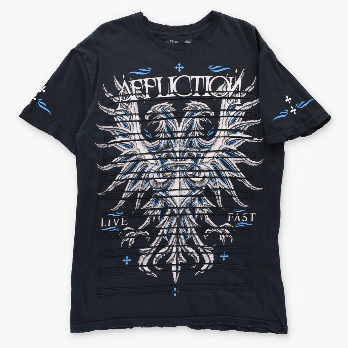 Vintage AFFLICTION "Live Fast" Fleur-De-Lis USA Made Distressed Black Tee (L TALL)