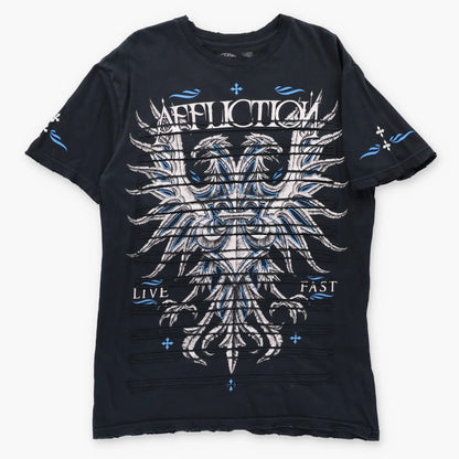 Vintage AFFLICTION "Live Fast" Fleur-De-Lis USA Made Distressed Black Tee (L TALL)