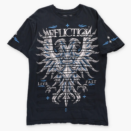 Vintage AFFLICTION "Live Fast" Fleur-De-Lis USA Made Distressed Black Tee (L TALL)