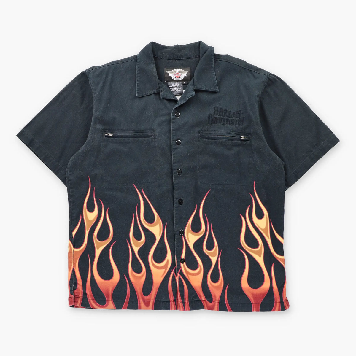 Vintage HARLEY DAVIDSON Double Pocket Embroidered Spell Out Logo Button Up Flames Shirt (L-XL)
