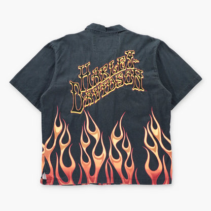 Vintage HARLEY DAVIDSON Double Pocket Embroidered Spell Out Logo Button Up Flames Shirt (L-XL)