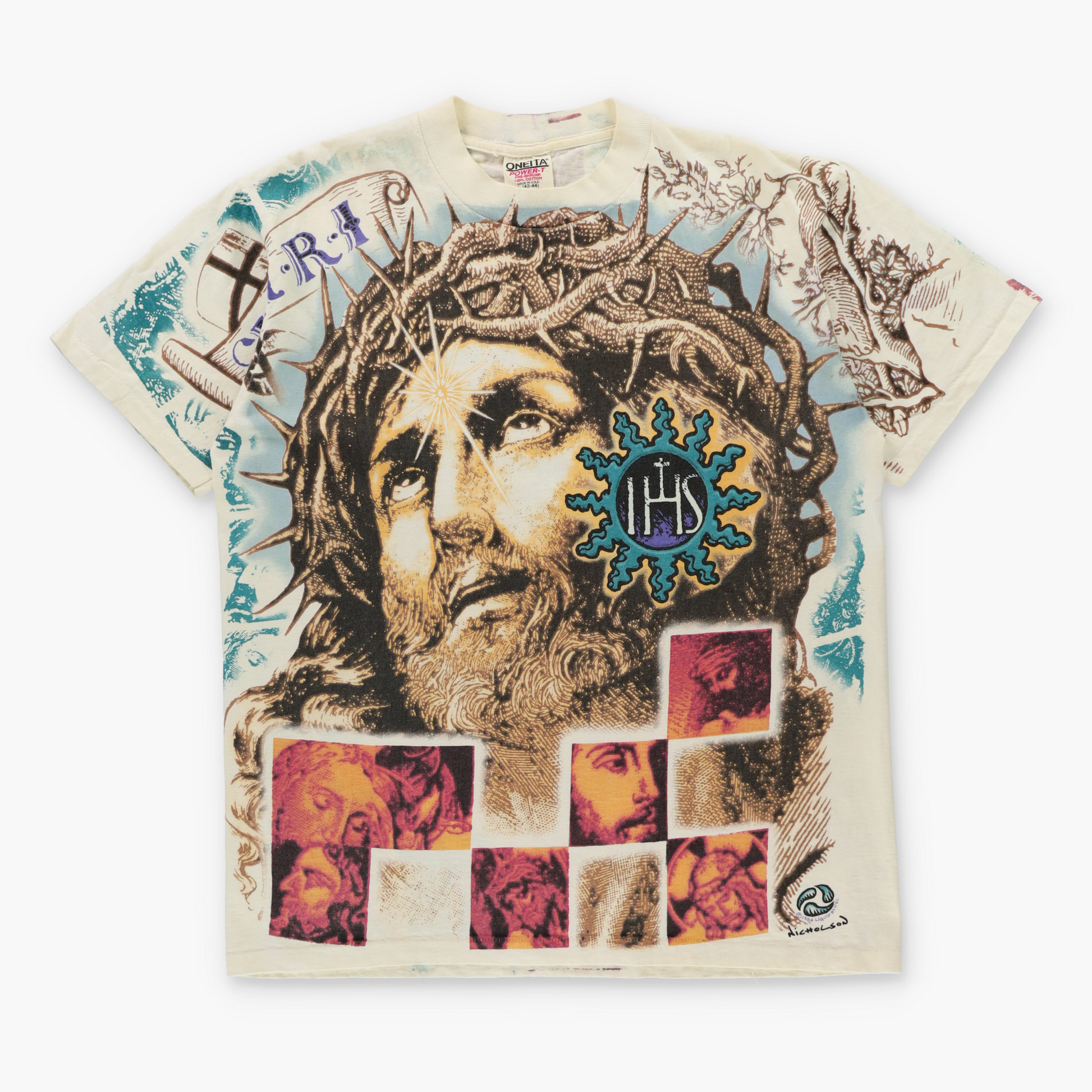 Vintage 1994 Jesus All Over Print Liquid Blue Nicholson Single