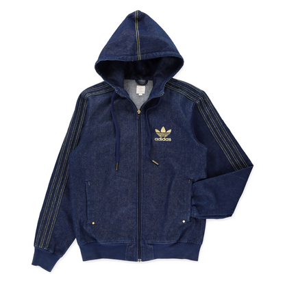 Vintage ADIDAS Gold Foil & Embroidered Logo Retro Blue Denim Hooded Jacket (S) Vintage Sole Melbourne