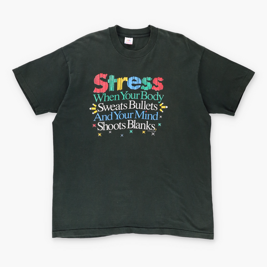 Vintage 'Stress' Description Humour Single Stitch Black T-Shirt (XL) Vintage Sole Melbourne