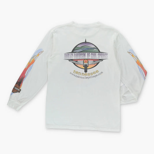 Vintage 1998 HARLEY DAVIDSON Eagle Flame Motorcycle White Long Sleeve T-Shirt (M)