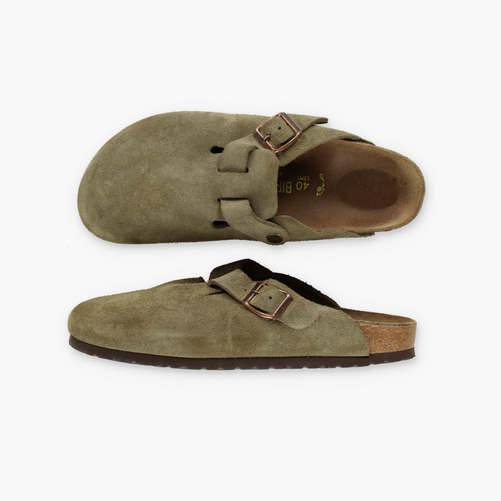 BIRKENSTOCK 'Boston' Khaki Green Suede Mules (40/M7/L9)