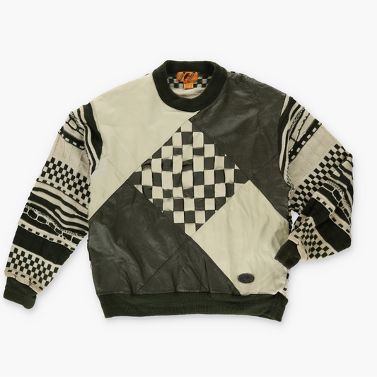 TRUTUS BIANCARRA Coogi Style Leather & Knit Korean Made Green Sweater (XL)