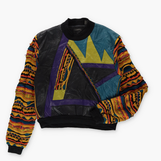 SAXONY Coogi Style Genuine Leather & Multicoloured Knit Sweater (M-L)