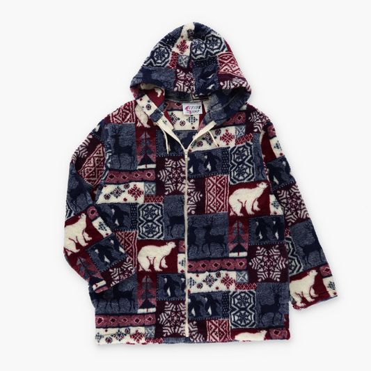 Geometric Winter Collage USA Made ACTIVE STUFF Blue & Red Fleece Hoodie Jacket (M)