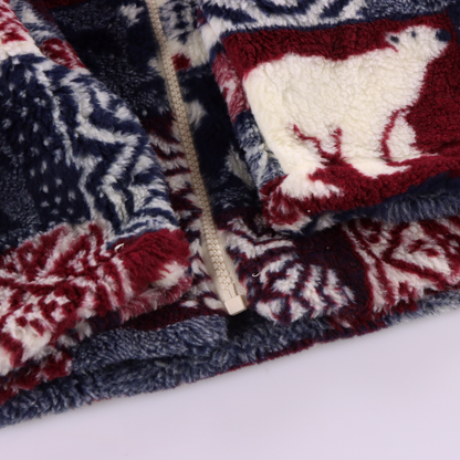 Geometric Winter Collage USA Made ACTIVE STUFF Blue & Red Fleece Hoodie Jacket (M)