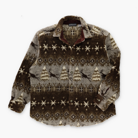 Brown Leaping Deer & Pines HIKERS HAVEN Brown Button Up Fleece Jacket (XL)