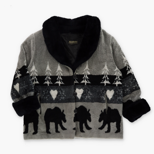 Bears & Hearts USA Made Sherpa Cuffed MONTEREY FASHIONS Button Up Fleece Coat (L)