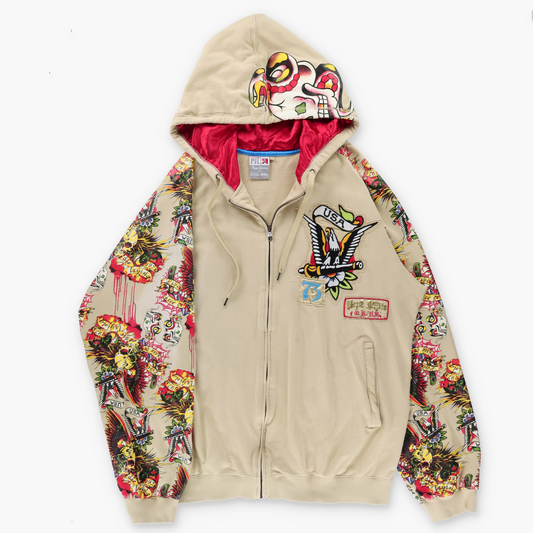 PEPE JEANS "Free Or Die Trying" Old-School Tattoo Graphic Beige Hoodie Sweatshirt (3XL-4XL)