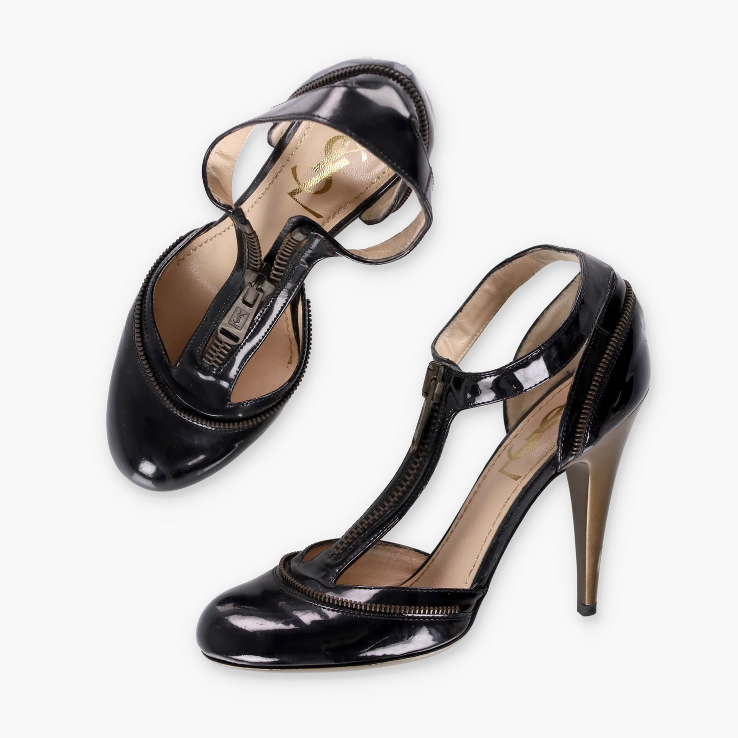 YVES SAINT LAURENT Patent Zip Black & Gold Italy Made Heels (36)