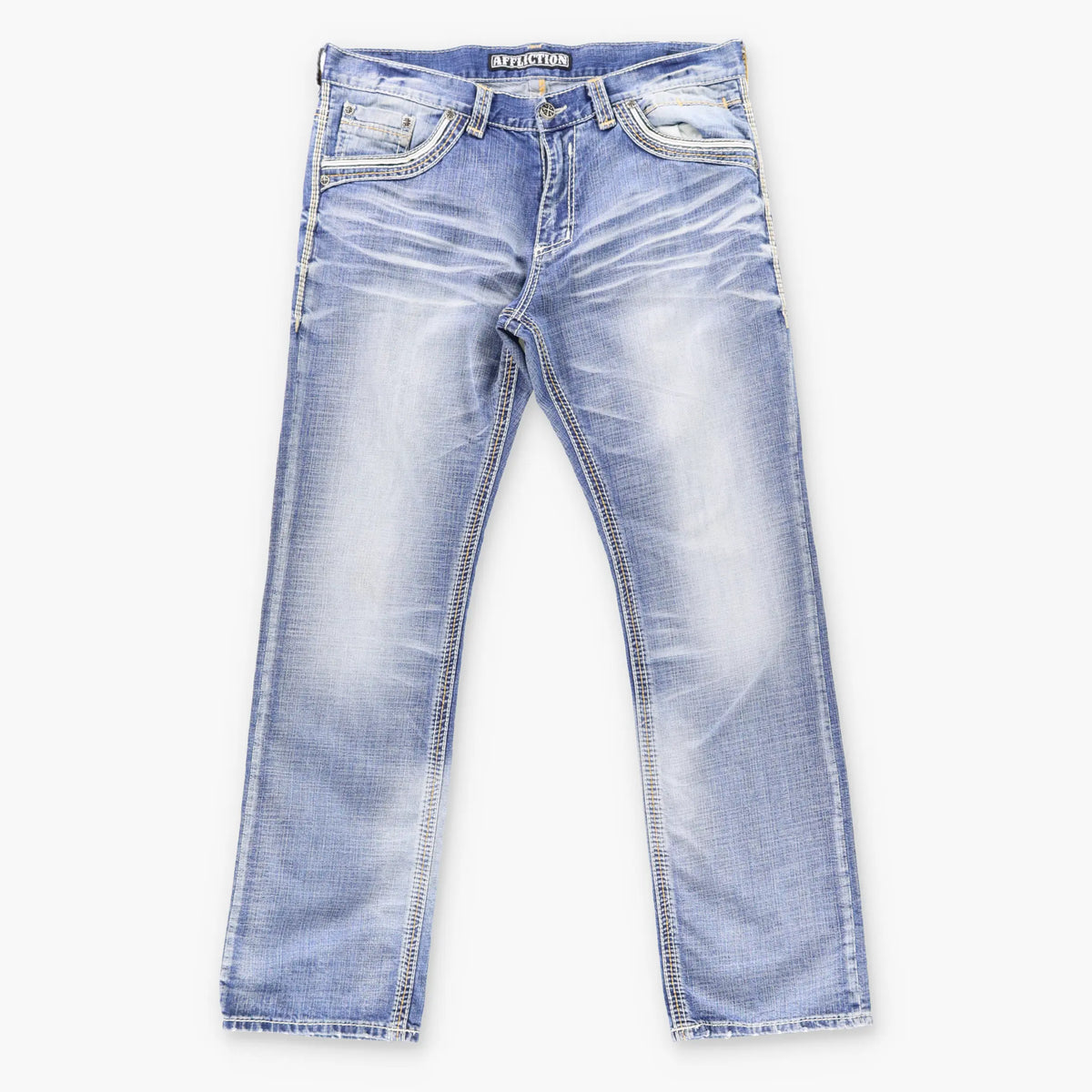 Vintage AFFLICTION Y2K 'Blake' Embroidered Faded Blue Jeans (38)