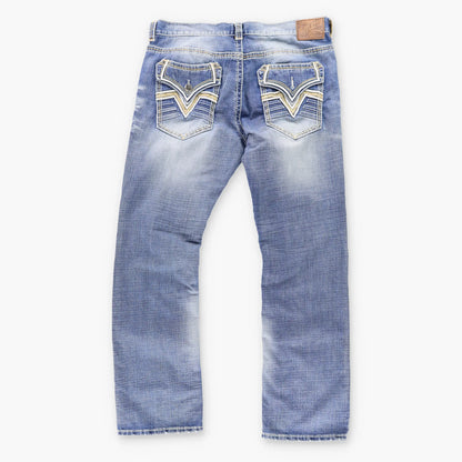 Vintage AFFLICTION Y2K 'Blake' Embroidered Faded Blue Jeans (38)