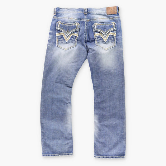 Vintage AFFLICTION Y2K 'Blake' Embroidered Faded Blue Jeans (38)