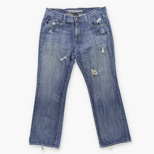 Vintage AFFLICTION Y2K Embroidered Cross Pocket Blue Denim Jeans (38 x 32)