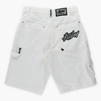 Vintage FUBU Y2K Embroidered Carpenter Jorts White Denim Jean Shorts (36)