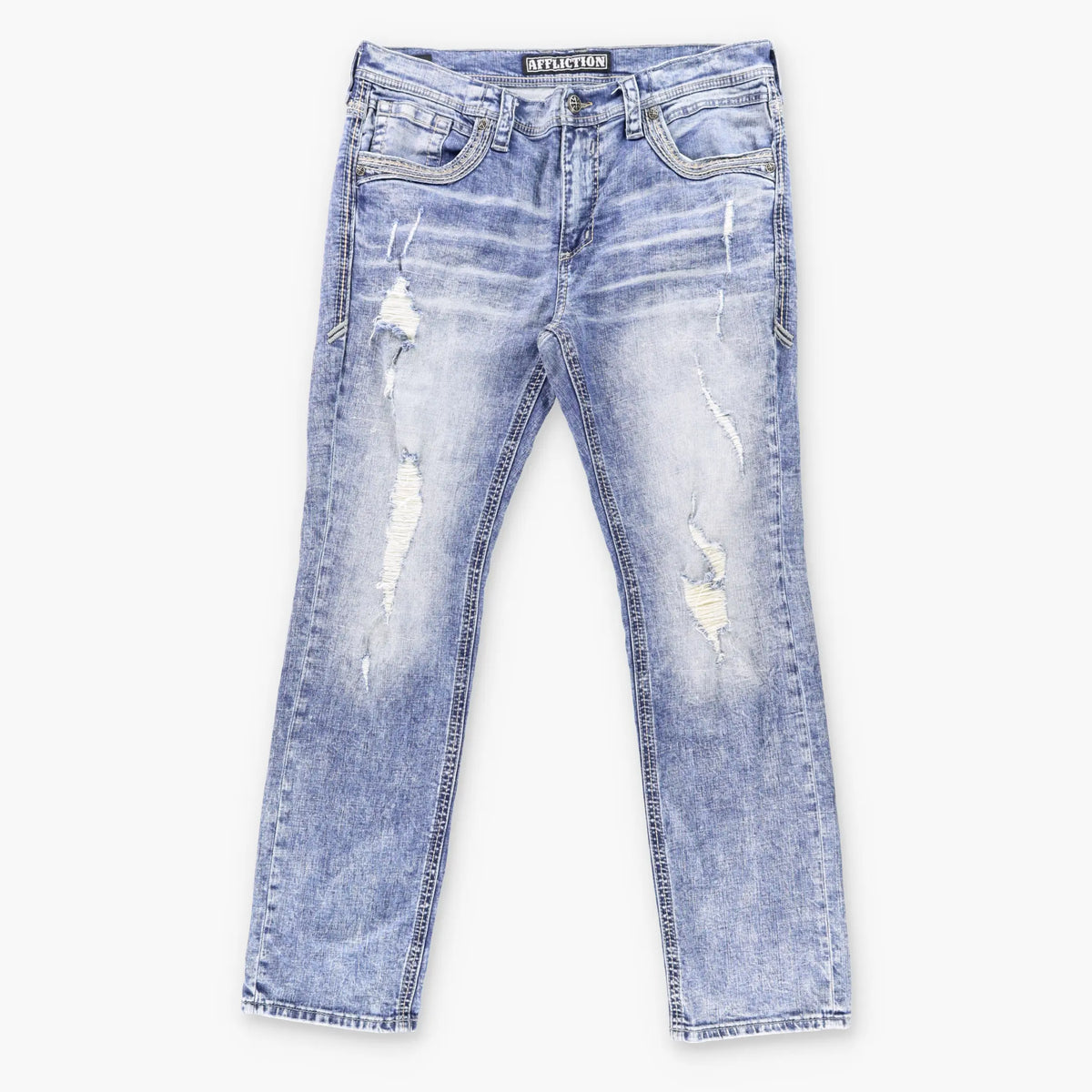 Vintage AFFLICTION Y2K 'Gage' Embroidered Cross Pockets Distressed Blue Jeans (38)