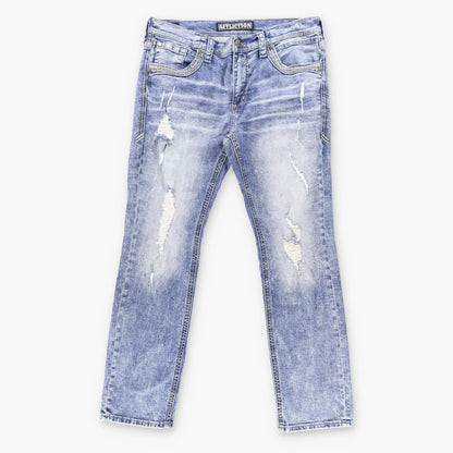 Vintage AFFLICTION Y2K 'Gage' Embroidered Cross Pockets Distressed Blue Jeans (38)