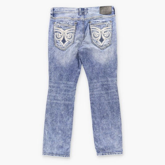 Vintage AFFLICTION Y2K 'Gage' Embroidered Cross Pockets Distressed Blue Jeans (38)