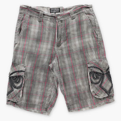 Vintage AFFLICTION Y2K Plaid Jorts Deadstock Grey & Red Pocket Shorts (32)