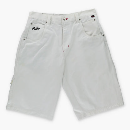 Vintage FUBU Y2K Embroidered Carpenter Jorts White Denim Jean Shorts (36)
