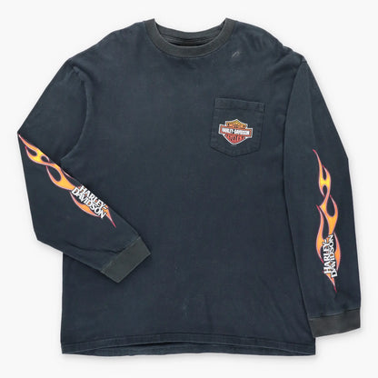 Vintage HARLEY DAVIDSON Emerald City Seattle Washington Black Front Pocket Long Sleeve Tee (XL)