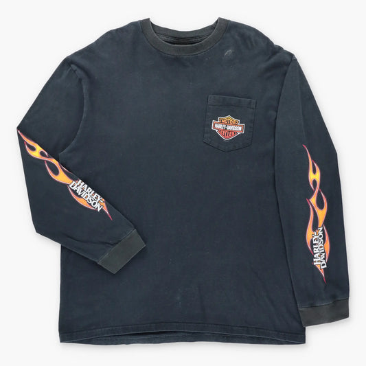 Vintage HARLEY DAVIDSON Emerald City Seattle Washington Black Front Pocket Long Sleeve Tee (XL)