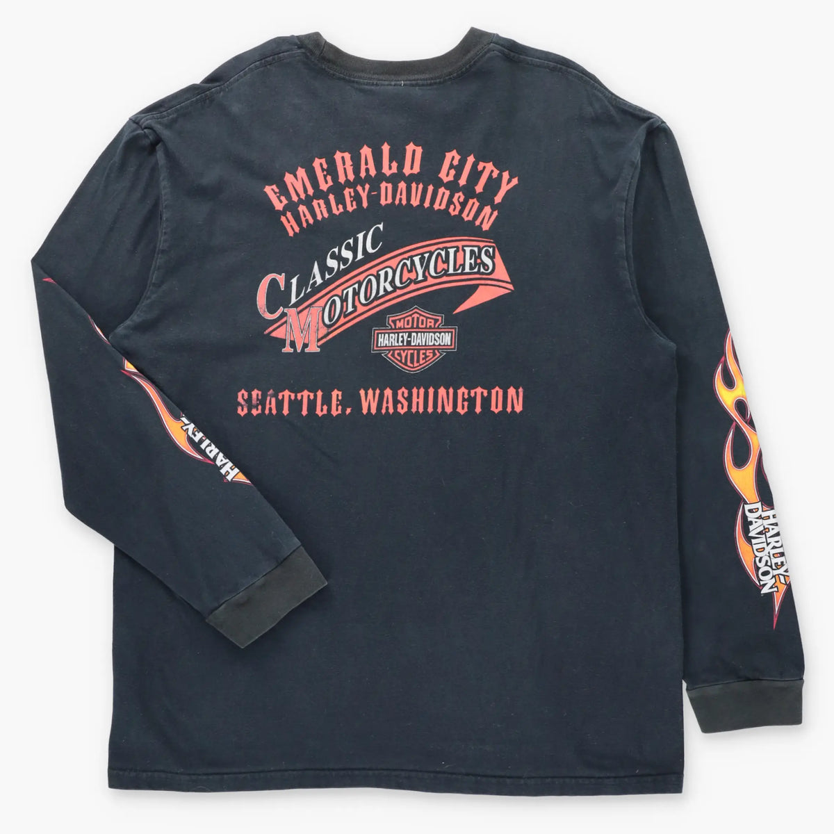 Vintage HARLEY DAVIDSON Emerald City Seattle Washington Black Front Pocket Long Sleeve Tee (XL)