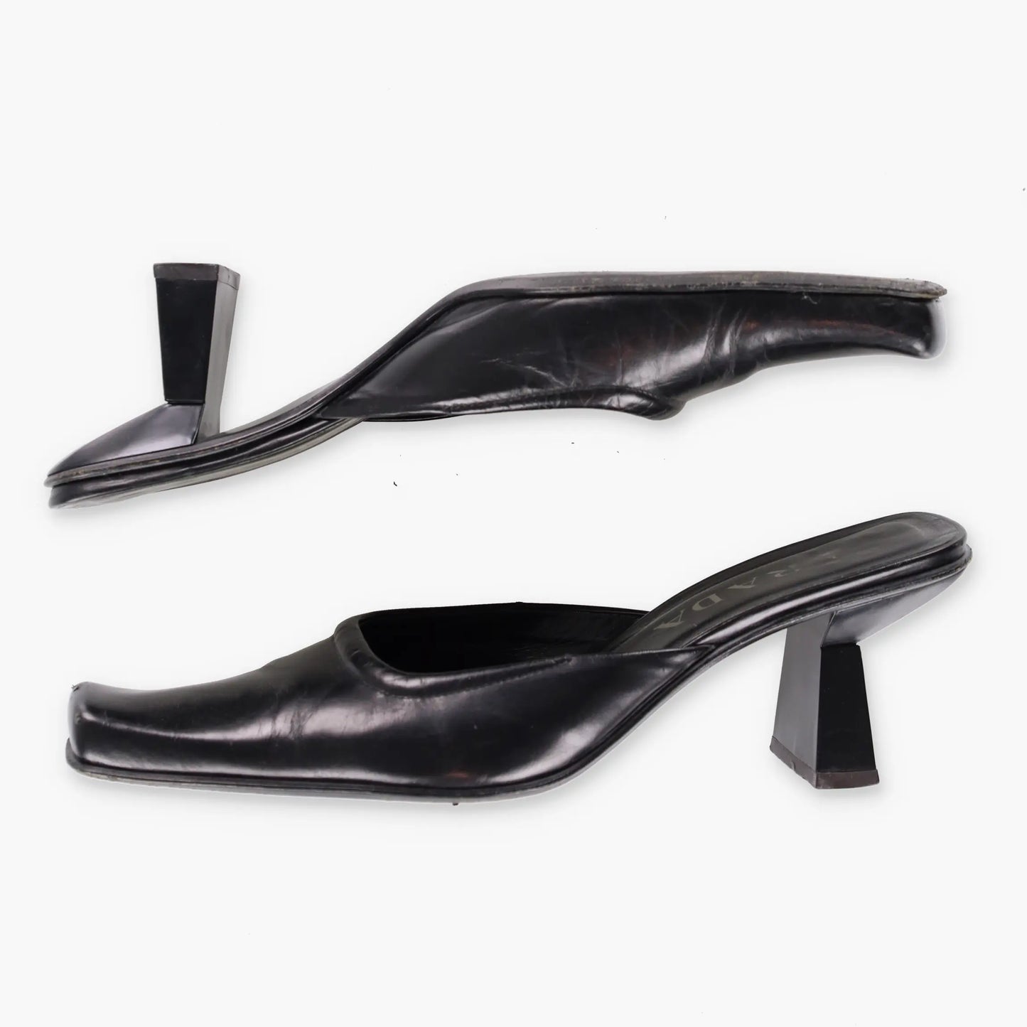 PRADA Mirror Heel Square Toe Black Leather Mule Heels (39.5) - Vintage Sole Melbourne