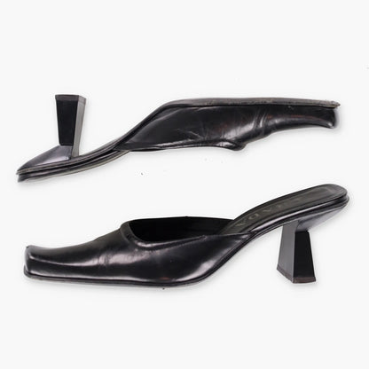 PRADA Mirror Heel Square Toe Black Leather Mule Heels (39.5) - Vintage Sole Melbourne