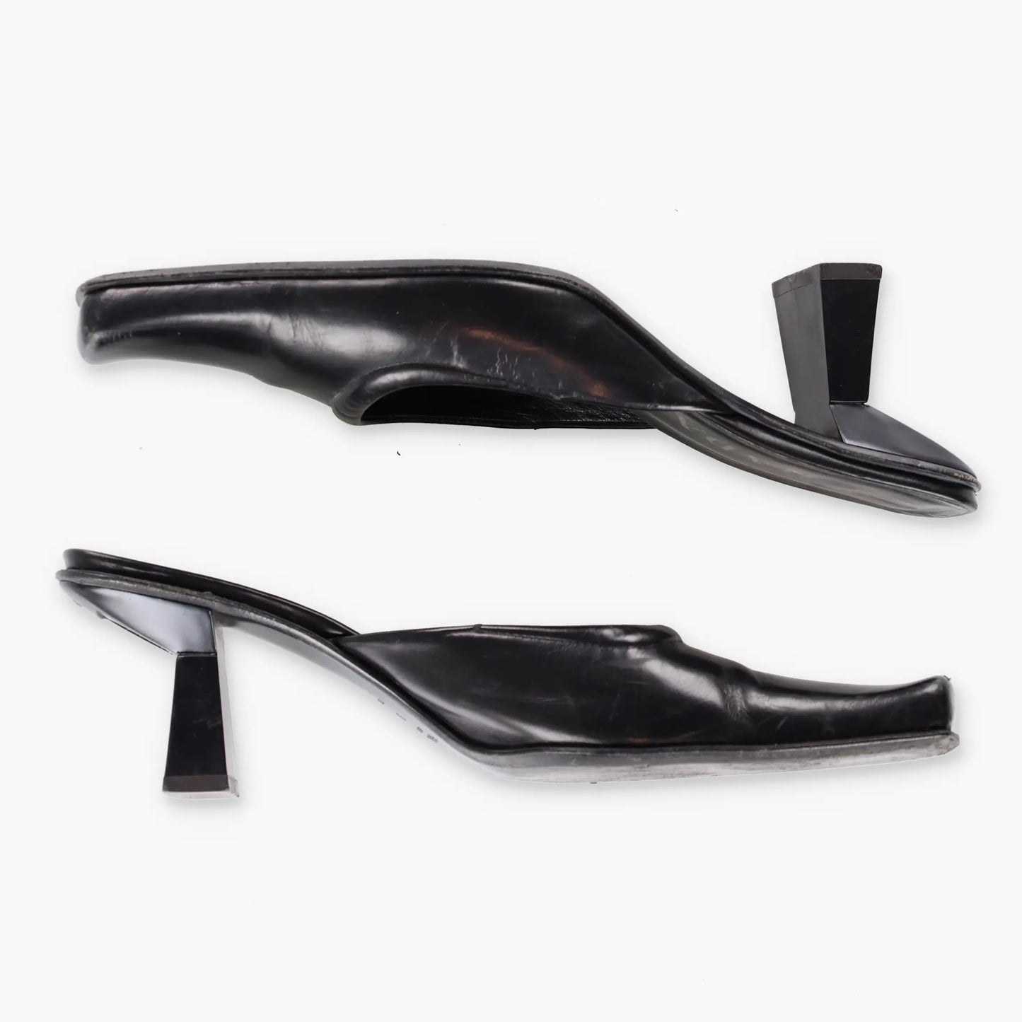 PRADA Mirror Heel Square Toe Black Leather Mule Heels (39.5) - Vintage Sole Melbourne