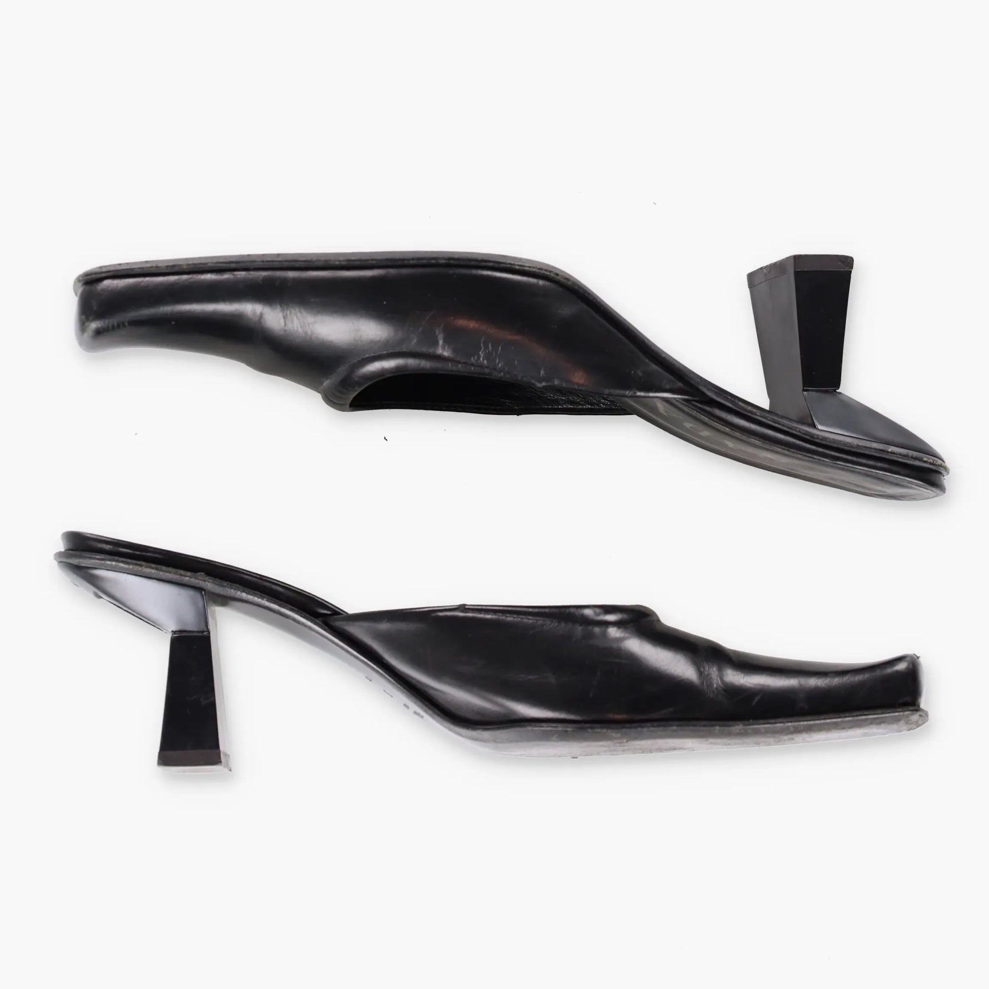 PRADA Mirror Heel Square Toe Black Leather Mule Heels (39.5) - Vintage Sole Melbourne