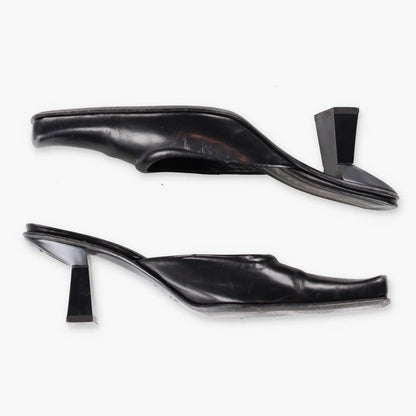PRADA Mirror Heel Square Toe Black Leather Mule Heels (39.5) - Vintage Sole Melbourne