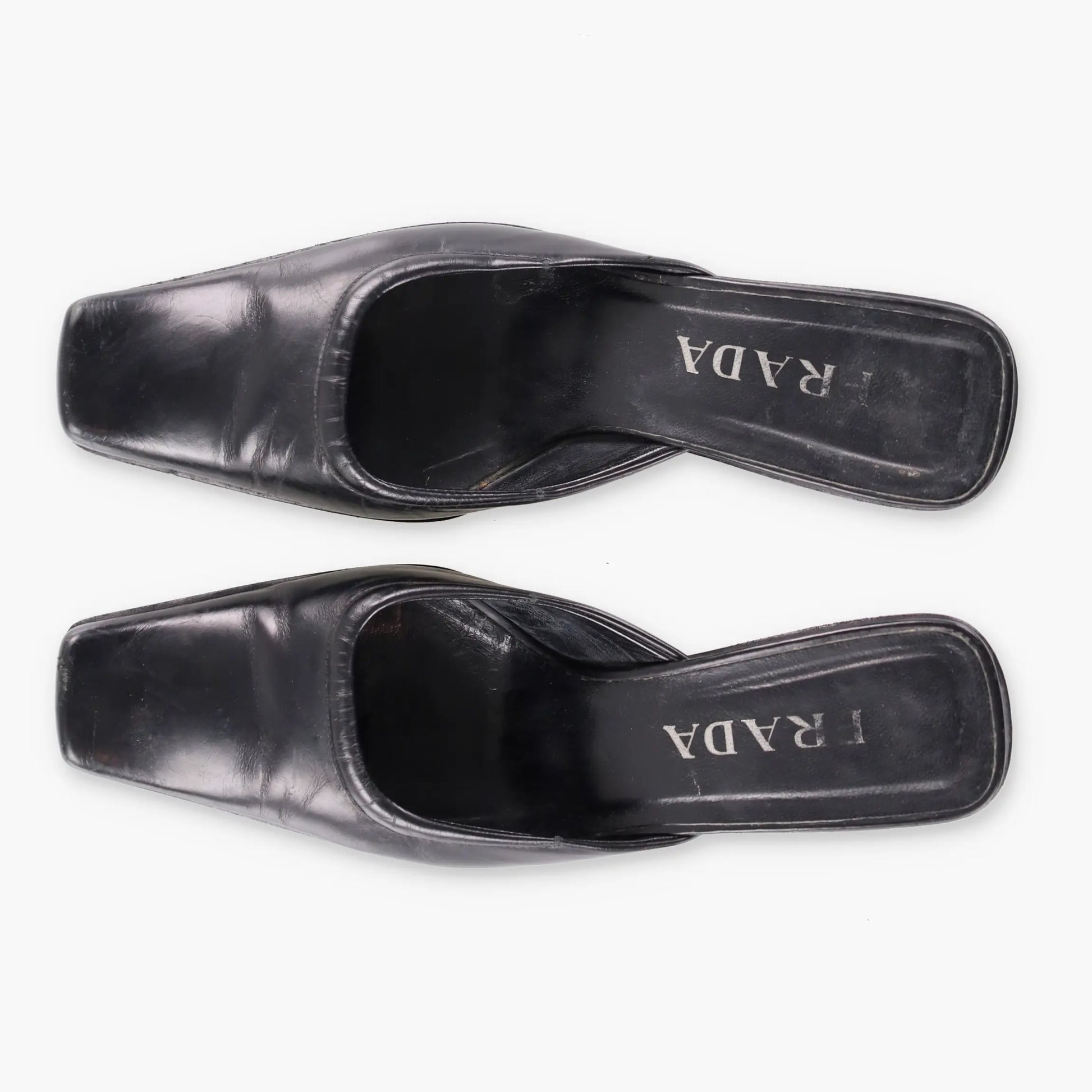 PRADA Mirror Heel Square Toe Black Leather Mule Heels (39.5) - Vintage Sole Melbourne
